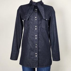 Zara Neck Tie Denim Button Down Top